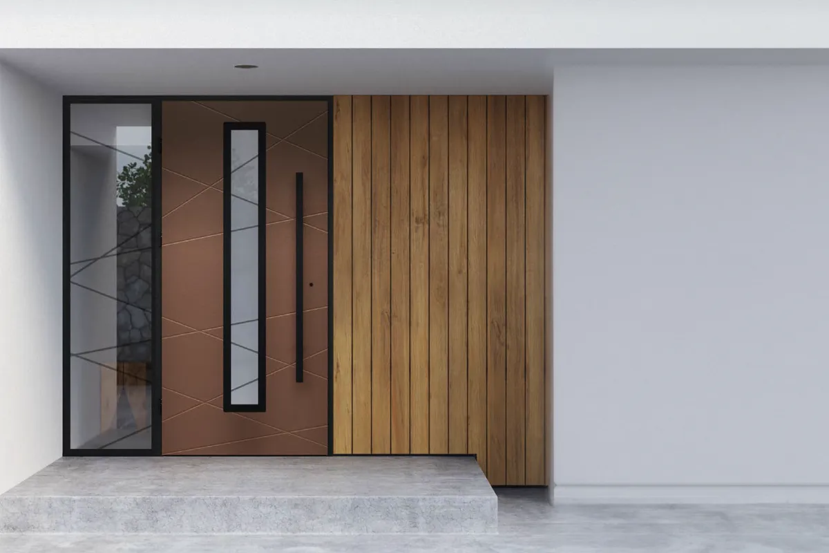 Nowoczesne drzwi zewnętrzne z matowym szkłem i eleganckim drewnianym wykończeniem, odzwierciedlające ofertę Domo Strefy - miejsca, gdzie znajdziesz idealne drzwi zewnętrzne i wewnętrzne dla swojego domu w Warszawie.